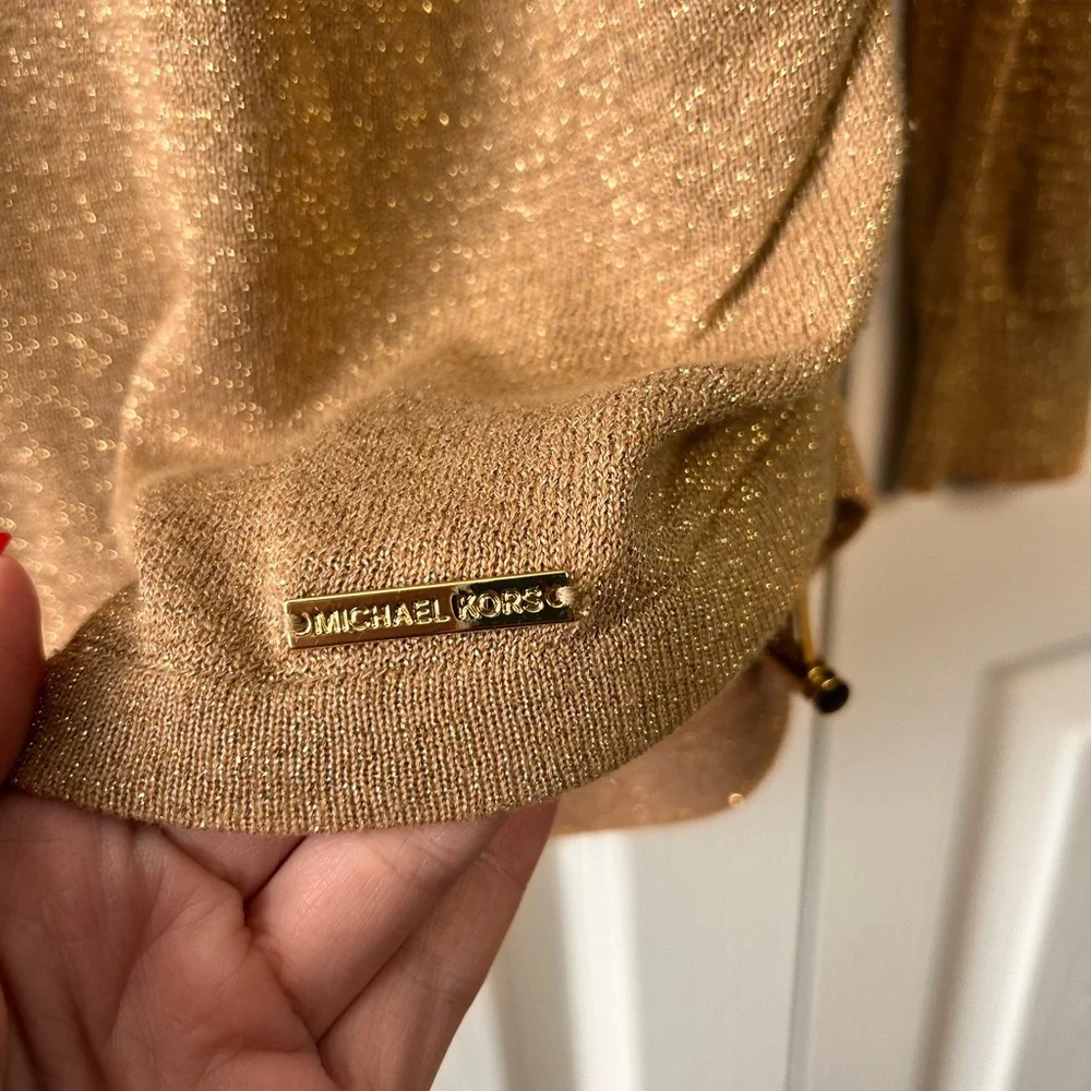 MICHAEL Michael Kors Metallic‎ Gold Cowl Neck Sweater Ruched Sides Small Stretch